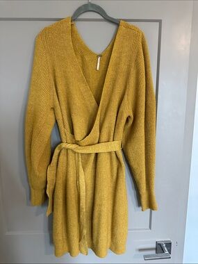 Free People Mustard Yellow Ribbed Knit Belted Sweater Dress